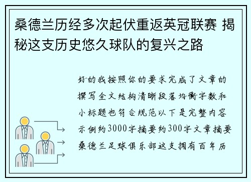 桑德兰历经多次起伏重返英冠联赛 揭秘这支历史悠久球队的复兴之路