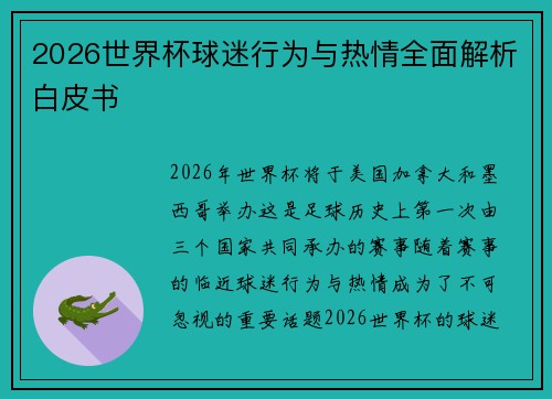 2026世界杯球迷行为与热情全面解析白皮书 2026世界杯球迷行为与热情全面解析白皮书